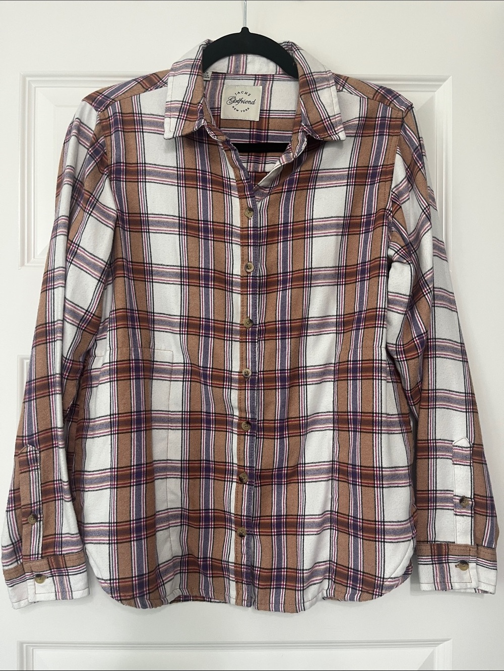 JACHS Girlfriend White Tan and Brown Plaid Button-Up Shirt with Purple Accent